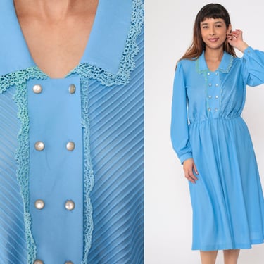 70s Midi Dress Blue Lace Trim Double Breasted Shirtwaist Puff Sleeve Dress Pintucked Button Up Shirtdress High Waisted 1970s Vintage Medium 