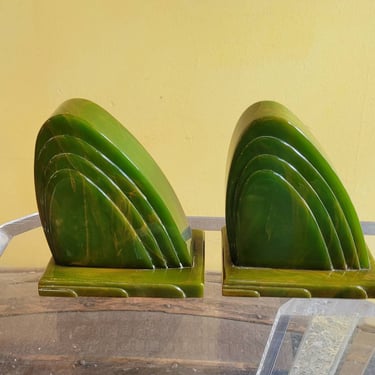 True Art Deco Catalin Bakelite Carvacraft Green Marbled Bookends 