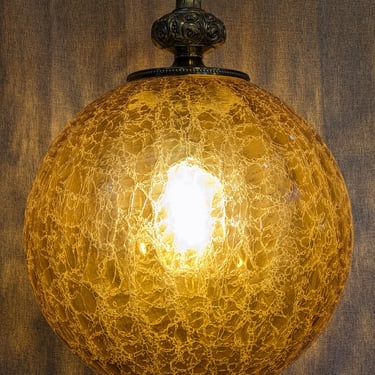 Large Mid Century Amber Crackle Glass Pendant Light
