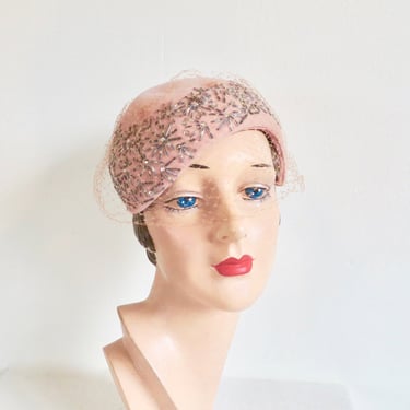1950's Pink Felt Crescent Hat Silver Glass Beading Sequins Veil 50's Spring Summer Millinery Rockabilly Retro 