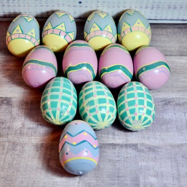 TWELVE Handprinted Solid Wood Easter Eggs in Original Box Set of 12 Easter Decor Easter Gift Basket Filler Vintage Easter Decor 