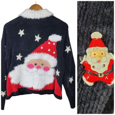 Vintage Chenille Cardigan Sweater Medium Christmas Santa Claus Embroidered Ugly 