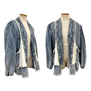 Vtg 80s Acid Wash Denim Diamonds Bridal Rhinestone Avantgarde Duster Jacket 