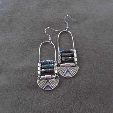 Imperial jasper earrings, blue tribal chandelier earrings, unique ethnic earrings, modern Afrocentric earrings, boho chic earrings, silver 