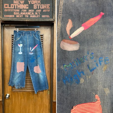Vintage 1950’s “101 Brand” Denim Side Zip Rockabilly Jeans W Cigarette & Cocktail Hand Painted Artwork, Vintage Side Zip Denim, Hand Painted 