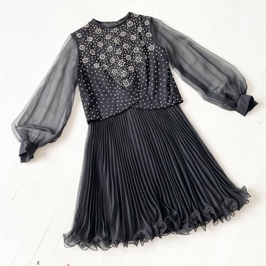 1960s Black Beaded Dress with Accordion Pleated Skirt and Sheer Sleeves 
