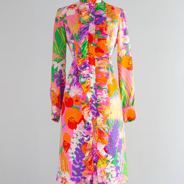 JOYFUL 1960's Colorful Silk Floral Occasion Dress By Brenner Couture