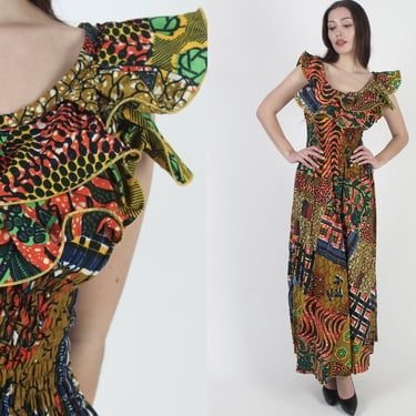 African Tribal Maxi Dress / Patchwork Floral Birds Print / Vintage 80s Smocked Elastic Bust / Colorful Floor Length Safari Long Dress 