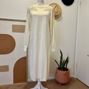 Vintage 90s Darian White Soft Knit Beaded Pearl Embellished Sweater Dress 