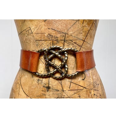 Vintage 1970s Brown Leather Statement Belt w/Brass | Ranch  display picture 2