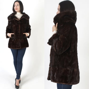Dark Brown Mink Short Waist Coat, Genuine Mahogany Jacket, Large Shawl Roll Fur Back Collar M L 