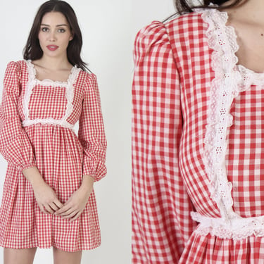 70s Red Gingham Dress / Americana Picnic Saloon Outfit / Country Waitress Square Dance Lace Mini Frock 