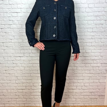 Chanel 22P Tweed Collarless Jacket, Size 40/US 8, Navy Blue & Black