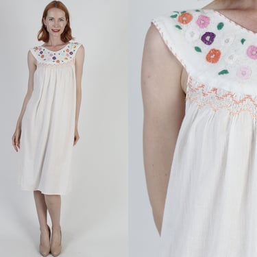 Off White Gauze Mexican Tank Dress Thin Sheer Sleeveless Cotton Sundress Embroidered Summer Beach Cover Up 