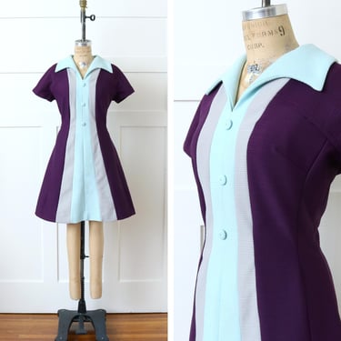 vintage 1960s color-block mod dress • purple & aqua blue short sleeve double knit scooter dress 