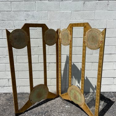 Antique French Folding Screen 2 Panel Room Divider Fireplace Glass Eclectic Bohemian Boho Chic Furniture Wood Decorative Accent 