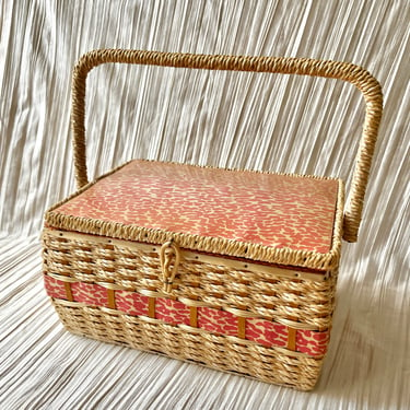 Craft Sewing Basket, Woven Rattan,  Padded Top, Original Tray Insert, Dritz, Home Organization Storage, Vintage 70s 