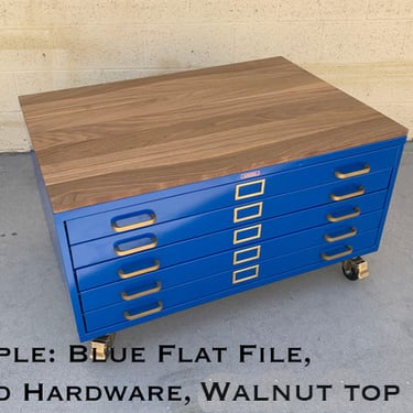 Vintage Flat File Coffee Table Custom Refinished in Midnight Blue with Walnut Top