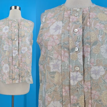Vintage 80s Laura Ashley 12 Linen Cotton Blend Sleeveless Floral Print Button Up Pleated Blouse 