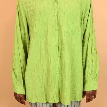 Vintage Unisex Pleated Lime Green Long Sleeve Button Down Collar Shirt Blouse 2XL 3XL Oversize 