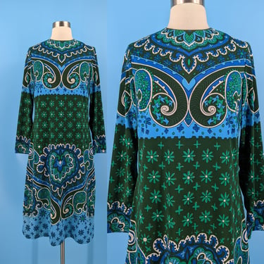 Vintage 60s Vera Neumann Long Sleeve Green Blue Print Shift Dress - Sixties Small All Over Print Vera Dress 