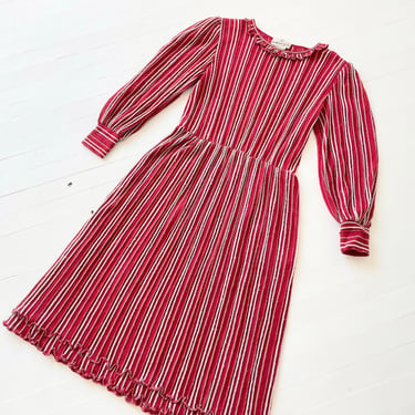 1970s Metallic Striped Red Wool + Silk Dress 
