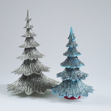 1940s Putz Christmas Trees, Blue and Silver Glass Glitter on Hard Plastic Ornaments, made in W. Germany Ges Gesch 