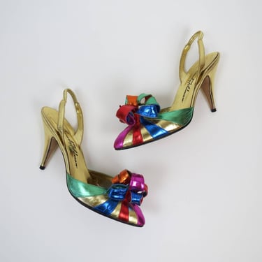 Vintage 1980s metallic rainbow heels, rare Beverly Feldman, sling back pumps 