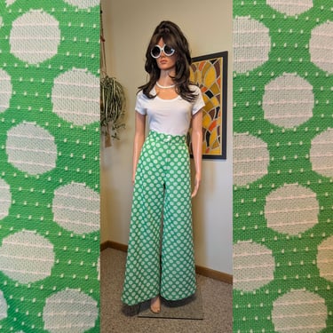 Handmade 1970s Inspired Green & White Polka Dot High Waisted Wide Leg Palazzo Bell Bottom Pants / Vintage 60s 70s Polyester Fabric Spring 