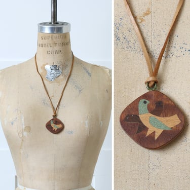 vintage MCM Scandinavian wood bird necklace • ake wijkstrom konsthantverk inlaid wood modernist pendant 