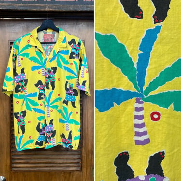 Vintage 1980’s Cotton Gorilla Ape Print Cartoon Pop Art Hawaiian New Wave Tiki Shirt, 80’s Loop Collar, Vintage Clothing 