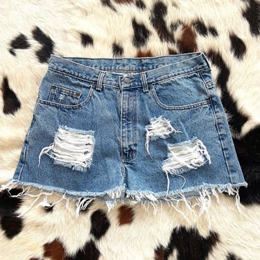 Vintage 90s Destroyed Denim Mini Skirt -- Size Large 