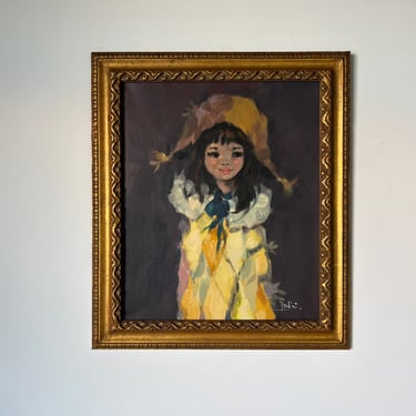 Italian Vasco Bendini " Girl in Yellow Harlequin" Oil on Canvas Painting 