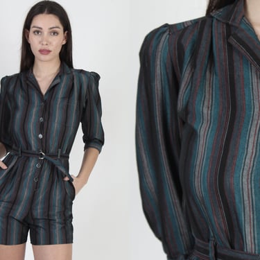 Vintage 80s Black Striped Menswear Romper, One Piece Office Uniform Belted Playsuit 