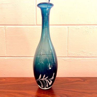 Vintage Mid Century Turquoise Glass Vase with White Swirl Detailing 