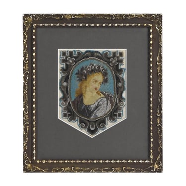 19th Century Framed Petitpoint Beadwork Portrait of Classical Woman 