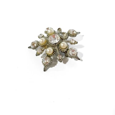 Silver Rhinestone + Pearl Snowflake Brooch