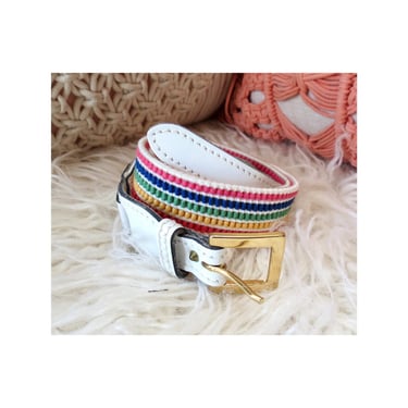 Vintage Rainbow Belt - Stretchy Woven Striped - White Leather High Waist Belt - Size Medium 