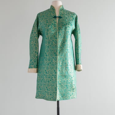 Fabulous 1960's Fully Reversible Silk Chinese Jacket Green &amp; Gold / M