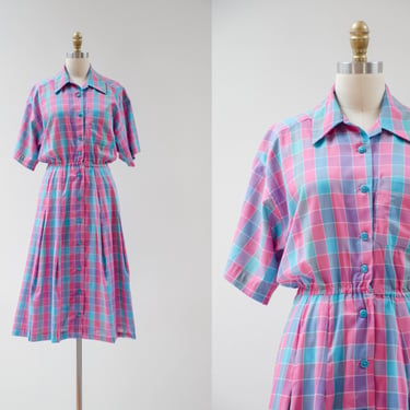 pink plaid dress | 80s vintage pink purple blue checkered cute cottagecore fit and flare shirtwaist button down dress 