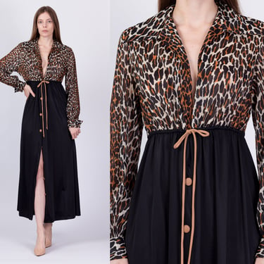 60s 70s Vanity Fair Leopard Print Loungewear House Dress - Medium | Vintage Long Sleeve Button Up Maxi Robe 