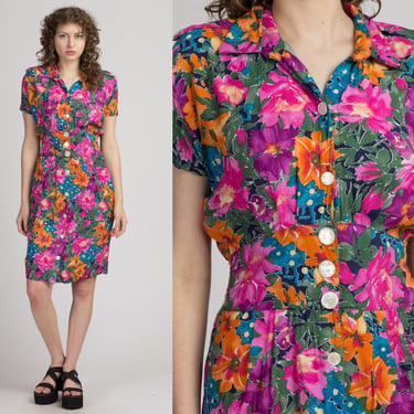 Vintage Colorful Floral Fitted Waist Dress - Small | 80s 90s Button Up Short Sleeve Grunge Secretary Mini 