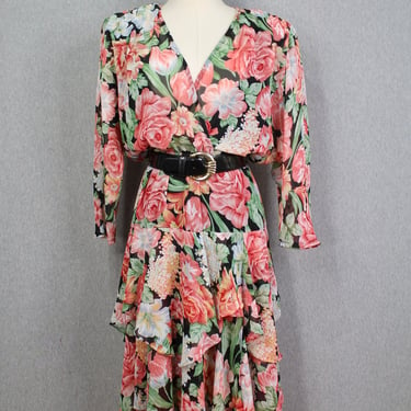 1980s, 1990s - Fit and Flare Dress - by PHOEBE - Rose Print - Floral - Size 10 