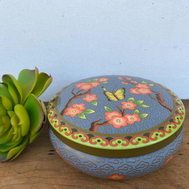 Mid Century Daher Dogwood And Butterfly Tin, Made In England, Asian, Dogwood, Pink Blossoms, Yellow Butterfly, Blue Tin 