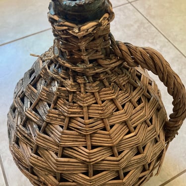 SALE~French Glass Demijohn Bottle in Woven Wicker Vines~ 1920s Blown Green Blue Glass~Original Encased Wine Jug Carboy Rustic Farmhouse 