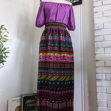Vintage 60s Mod Bright Colorful Maxi Skirt and Purple Bodysuit Set 