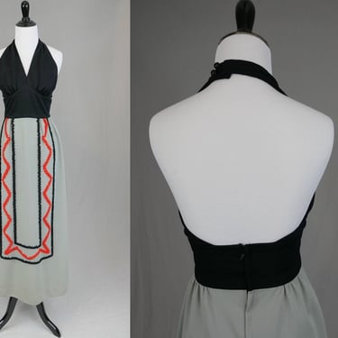 70s Halter Dress - Maxi Length - Gray Black Orange - Little Ruffle Trim - Polyester - Vintage 1970s - XS 24