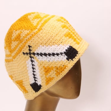 1970s Yellow, White and Black Novelty Crochet Feather Stocking Cap Beanie Hat 