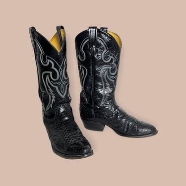Vintage TONY LAMA Black Snakeskin Cowboy Boots ~ men's 9 D / women's 10 1/2 ~ Western / Rockabilly / Ranch Wear ~ 
