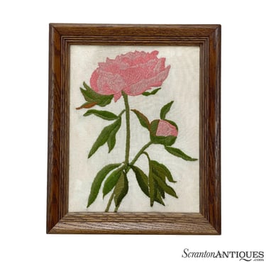 Mid-Century Modern Crewel Embroidery Stitched Pink Rose Floral Art Wall Hanging